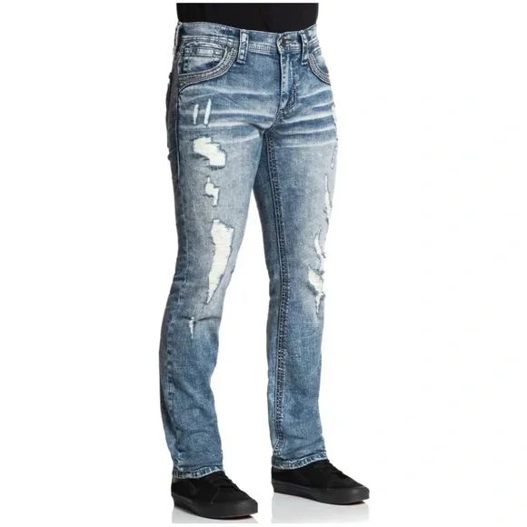 Affliction Men's Denim Jeans Gage Peak Groves Embroidered Blue $135 - Picture 6 of 9
